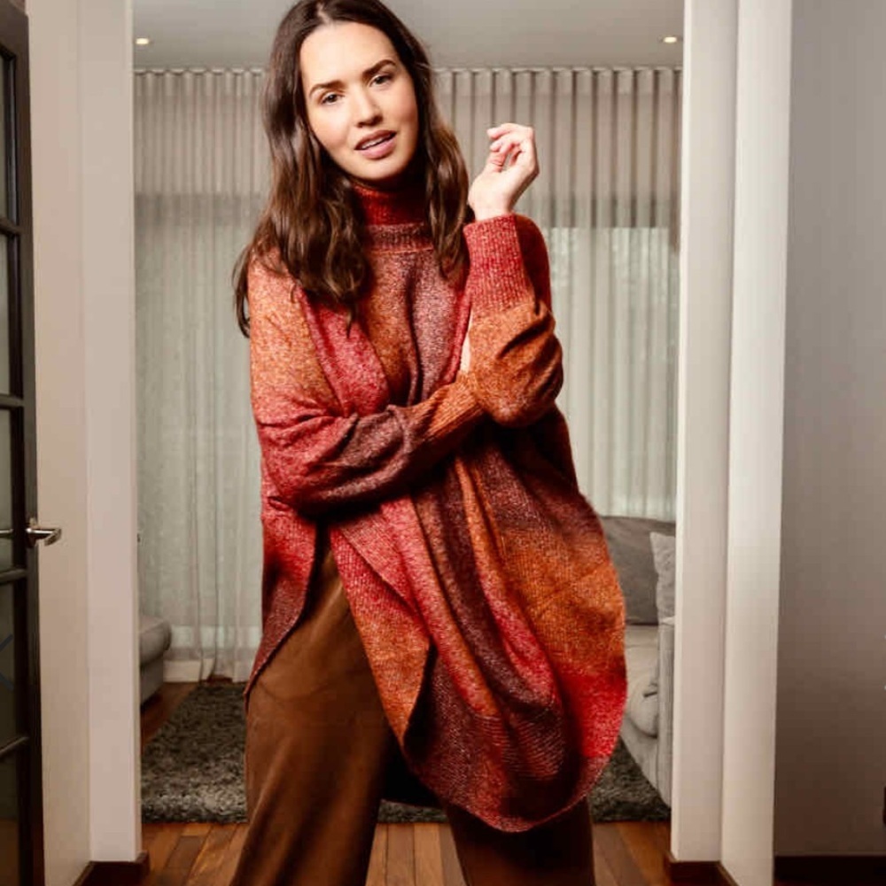 M Made in Italy Poncho Rust Combo Terracotta Orange Size S – Oversized Fall - Picture 3 of 10